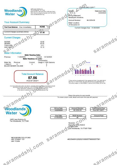USA Woodlands water business utility bill Word and PDF template